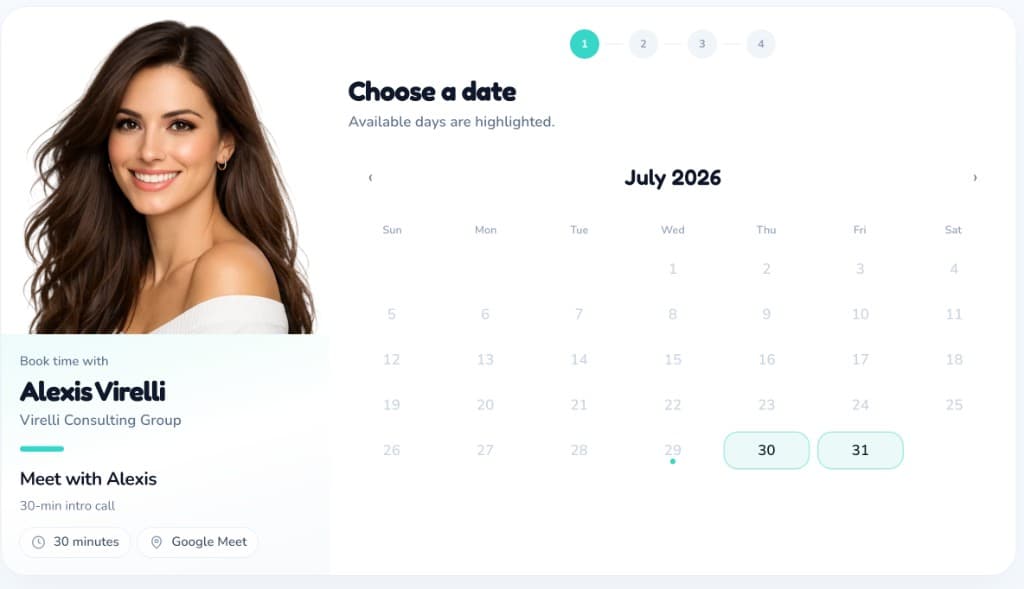 Meetisi booking page with a calendar and available time slots